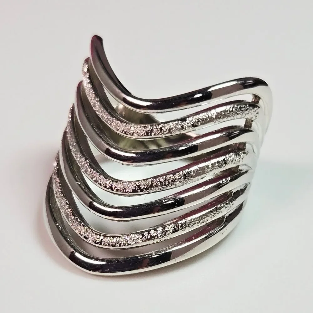 Sterling Silver Cascade Curl Wave Statement Ring – Wide Sculptural Layered Luxe